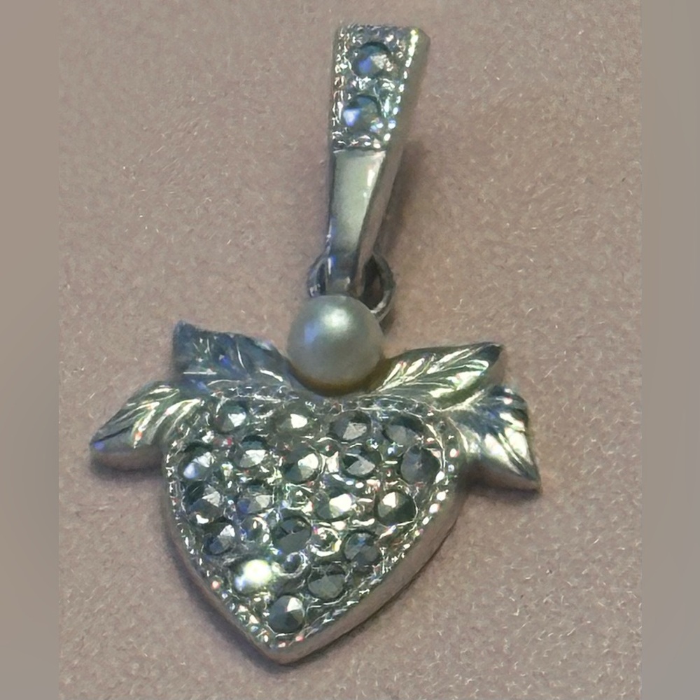 Vintage sterling silver THEDA marcasite heart pendant
